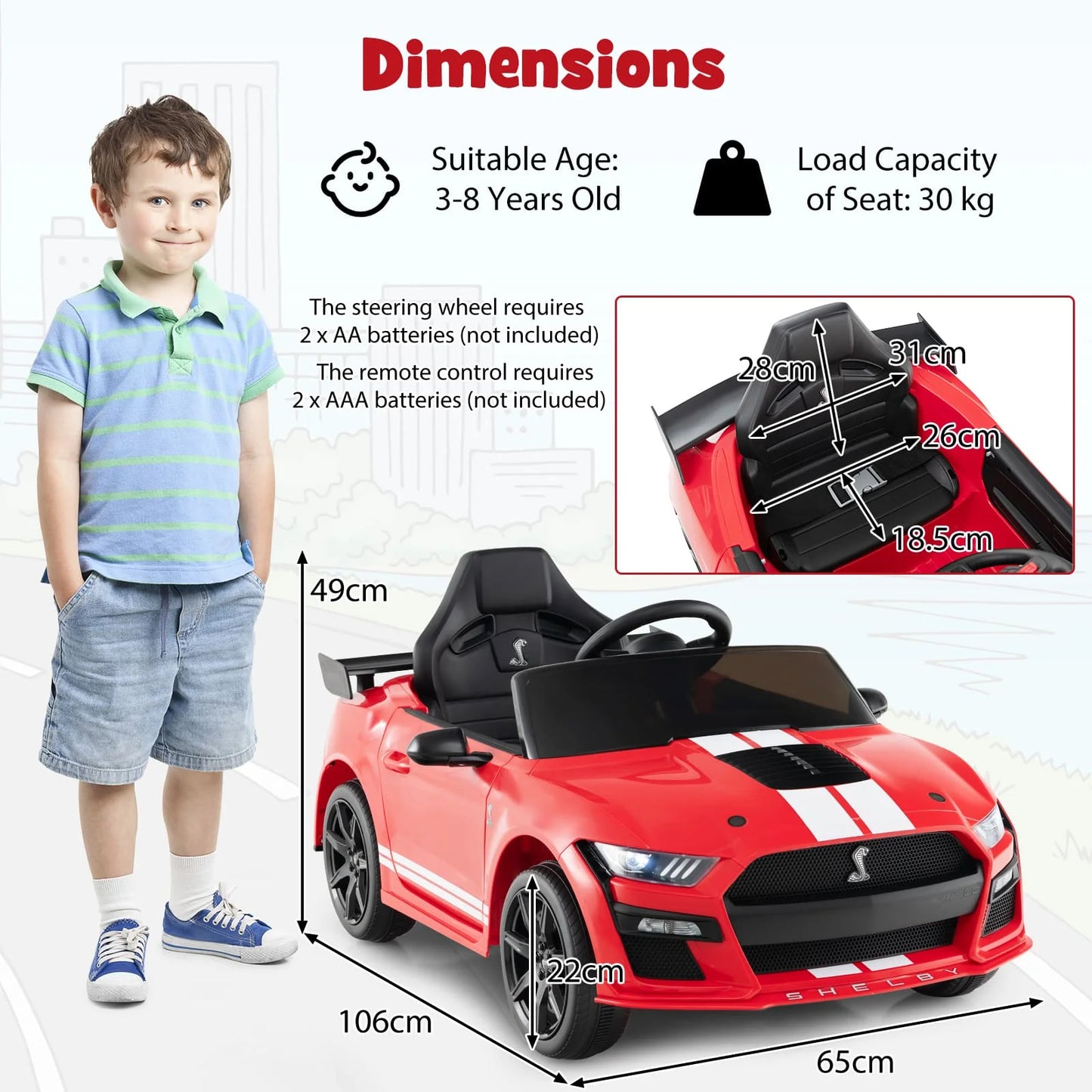 DORTALA 12V Licensed Ford Mustang Shelby GT500 Kids Ride on Car-Red