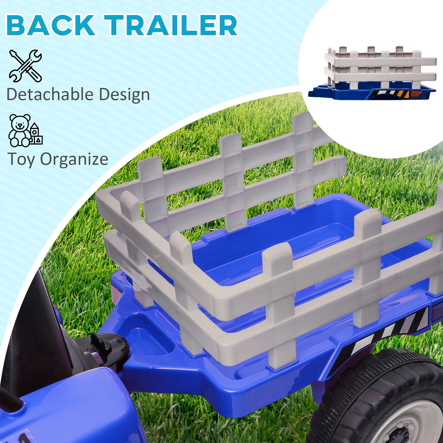 HOMCOM Ride On Tractor with Detachable Trailer, Remote Control, Music