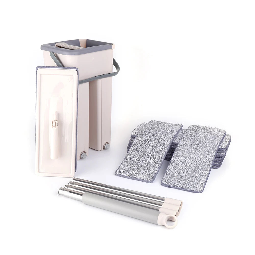 Floor Wiper Mop Set Wiper Mop Bucket Telescopic Handle Cleaning Microfiber Pad Cleaning Cloth + 10x Pads
