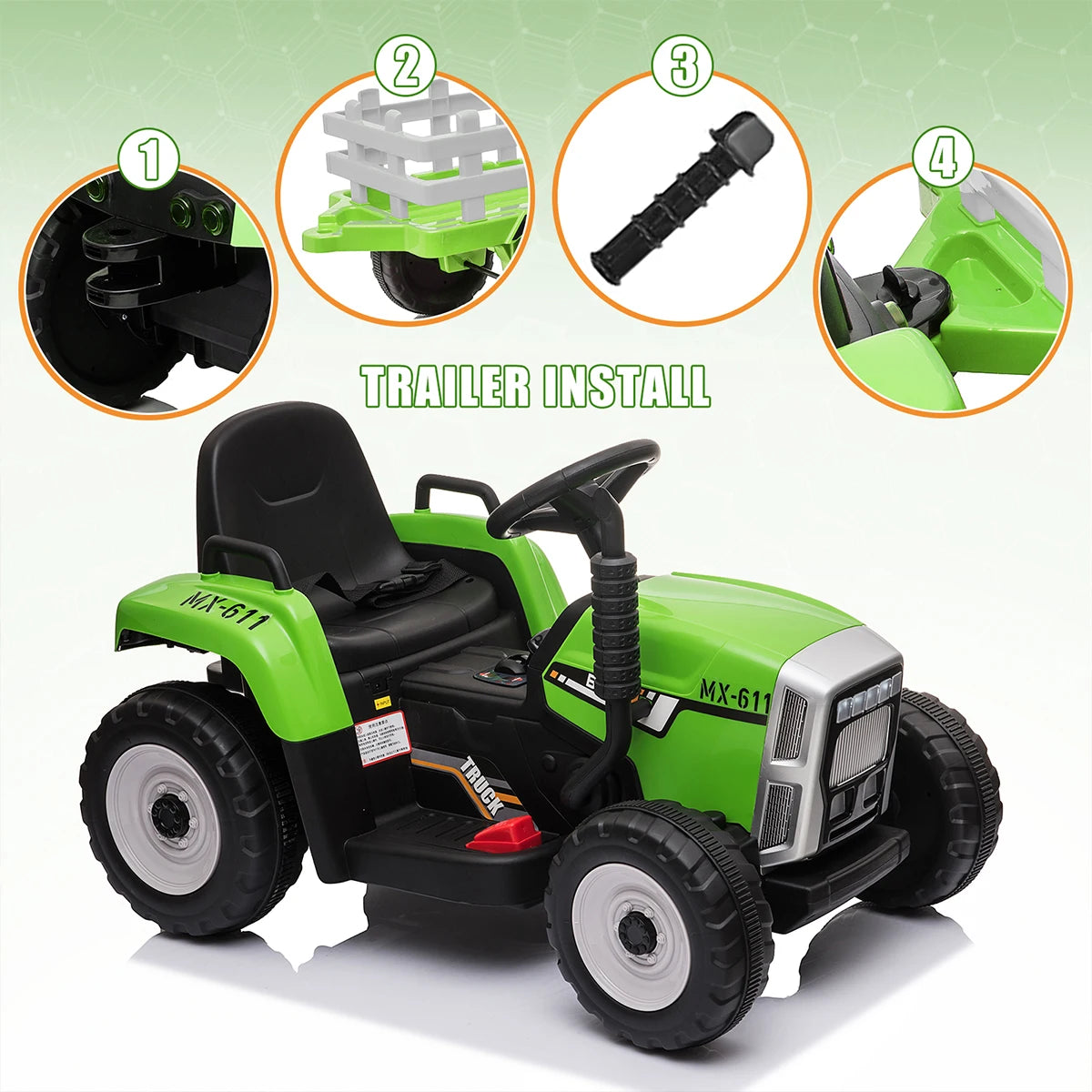 Ride on Tractor and Trailer 12V Battery Powered Electric Kids Toy Car with Remote, Lights, USB, Music Ride on Car for Children