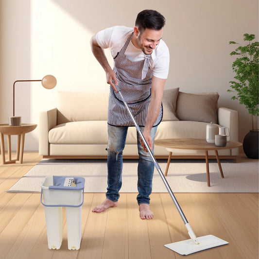 Floor Wiper Mop Set Wiper Mop Bucket Telescopic Handle Cleaning Microfiber Pad Cleaning Cloth + 10x Pads