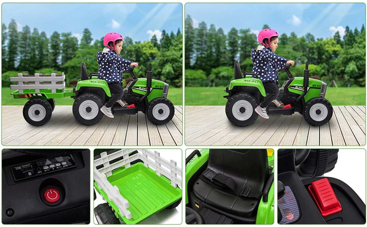 Ride on Tractor and Trailer 12V Battery Powered Electric Kids Toy Car with Remote, Lights, USB, Music Ride on Car for Children