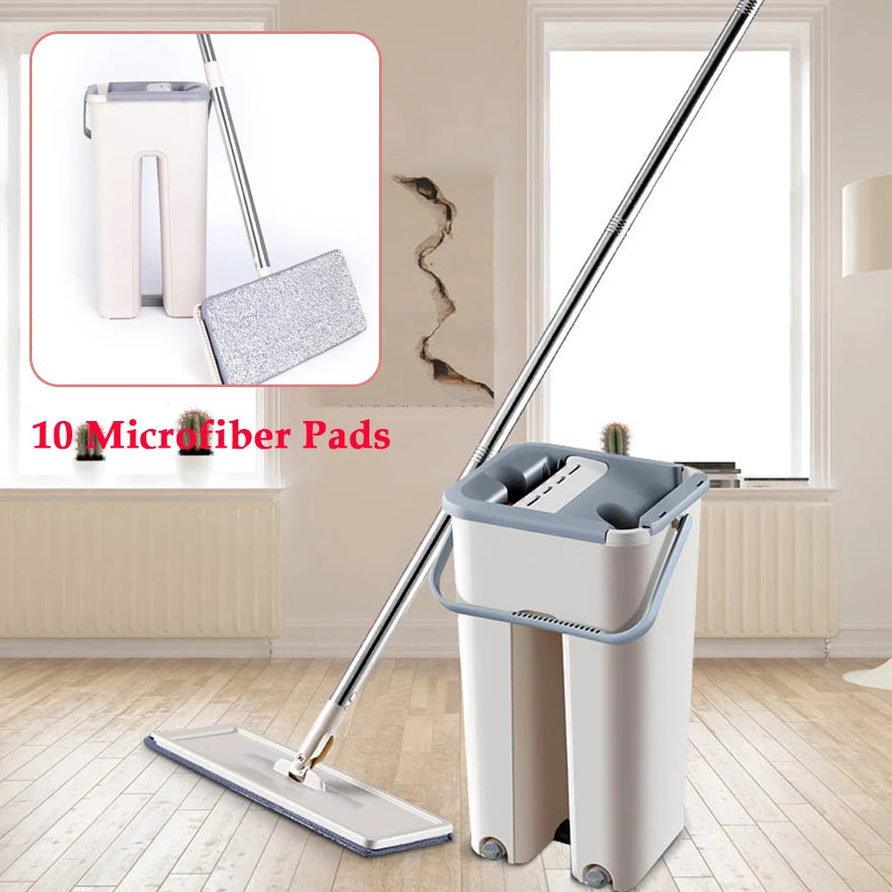 Floor Wiper Mop Set Wiper Mop Bucket Telescopic Handle Cleaning Microfiber Pad Cleaning Cloth + 10x Pads