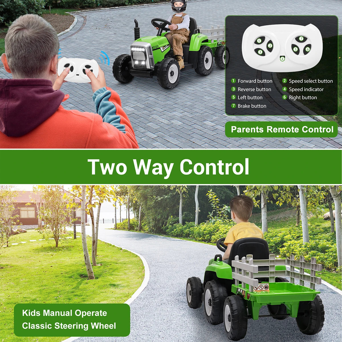 Ride on Tractor and Trailer 12V Battery Powered Electric Kids Toy Car with Remote, Lights, USB, Music Ride on Car for Children