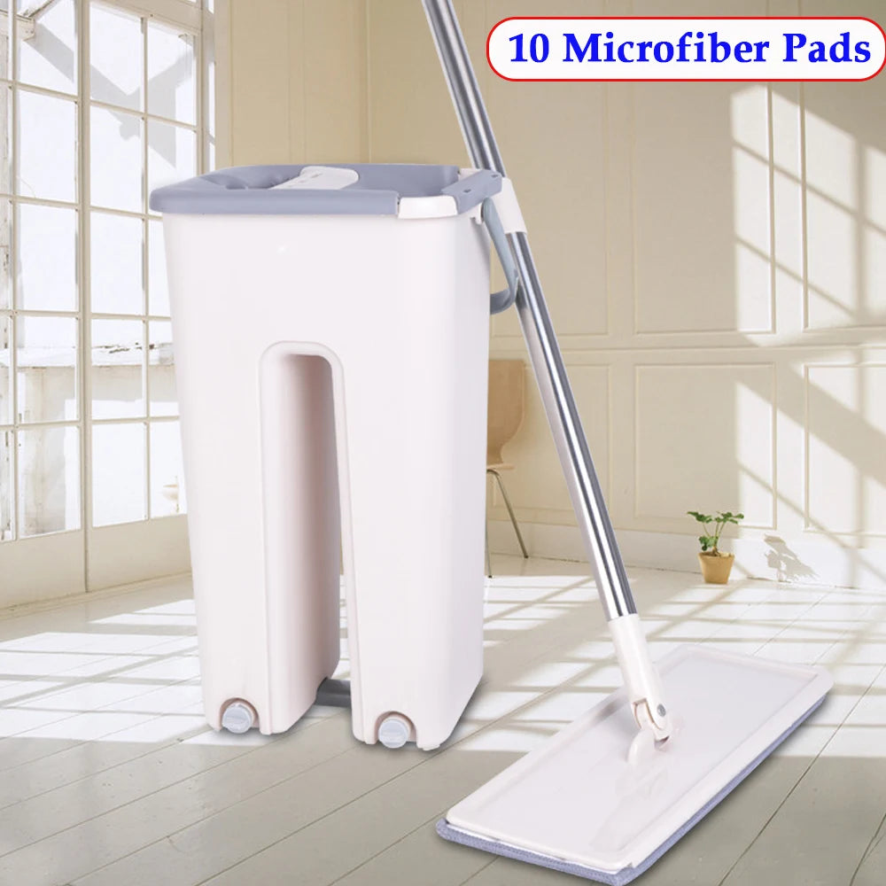 Floor Wiper Mop Set Wiper Mop Bucket Telescopic Handle Cleaning Microfiber Pad Cleaning Cloth + 10x Pads