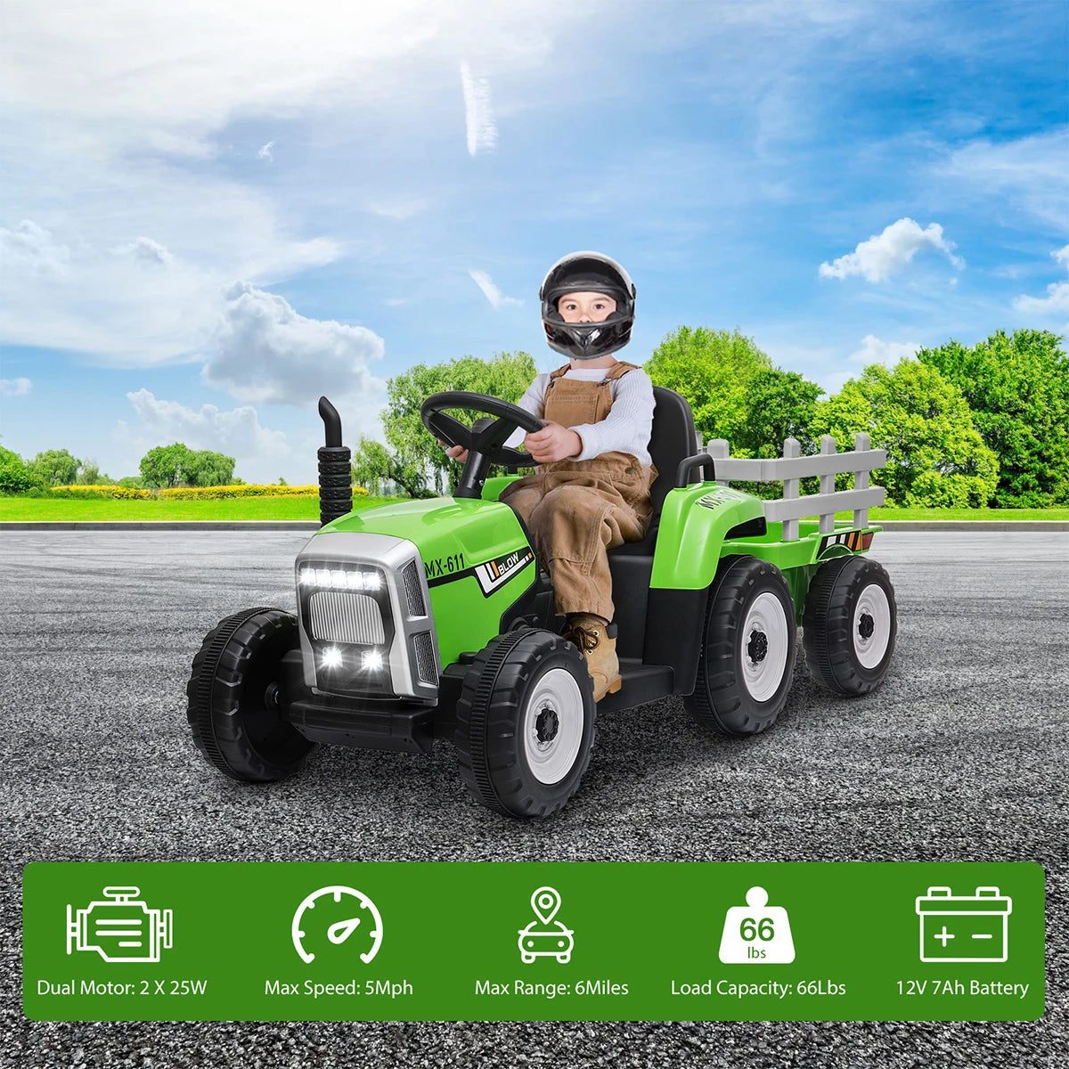 Ride on Tractor and Trailer 12V Battery Powered Electric Kids Toy Car with Remote, Lights, USB, Music Ride on Car for Children