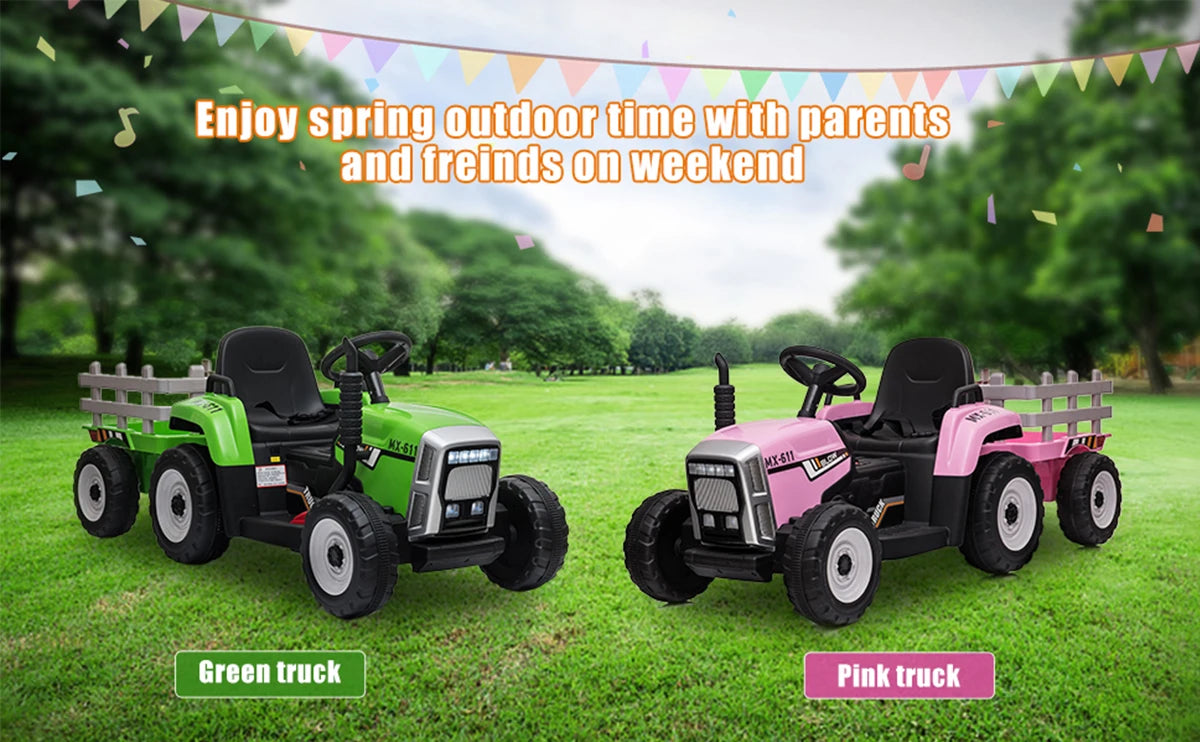Ride on Tractor and Trailer 12V Battery Powered Electric Kids Toy Car with Remote, Lights, USB, Music Ride on Car for Children