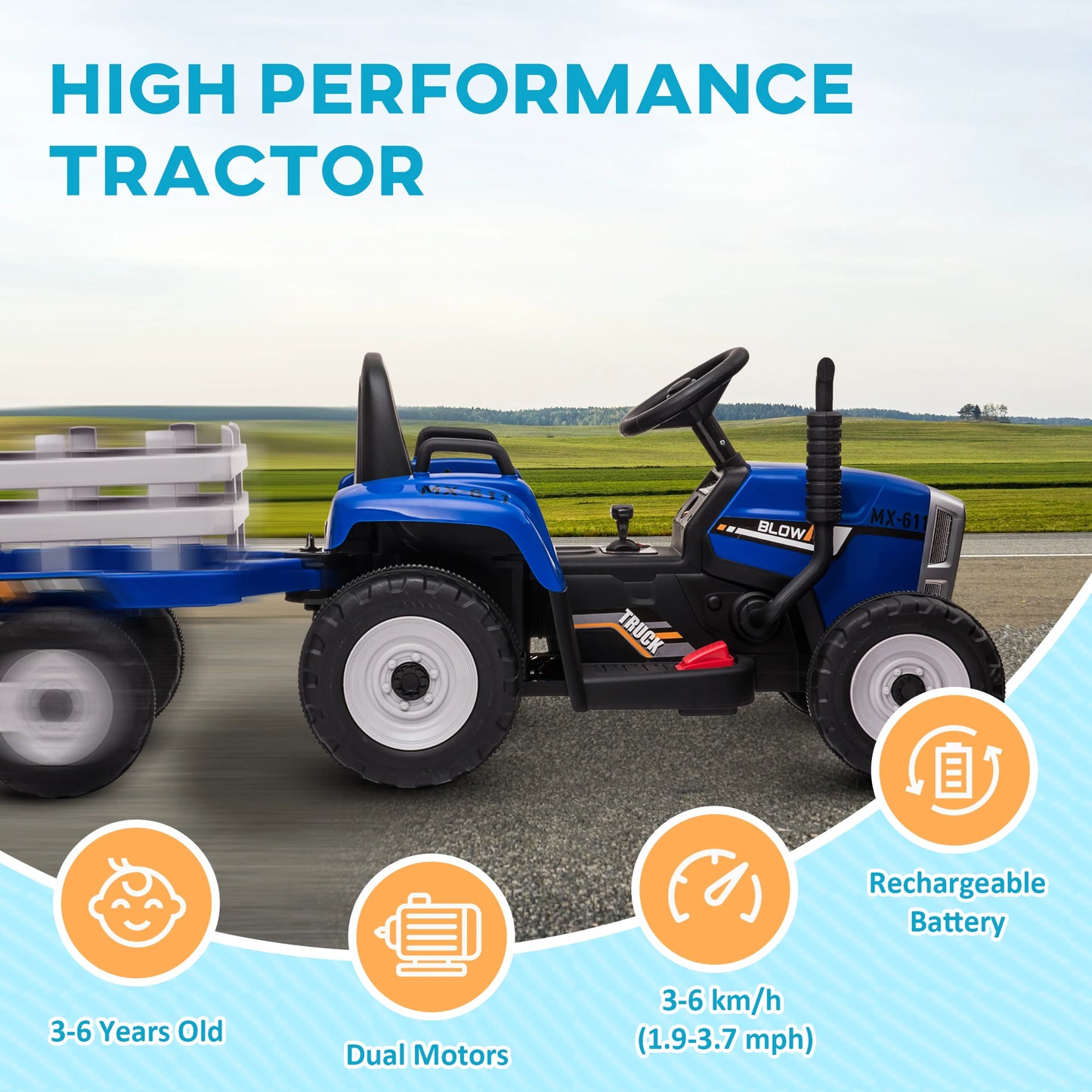 HOMCOM Ride On Tractor with Detachable Trailer, Remote Control, Music