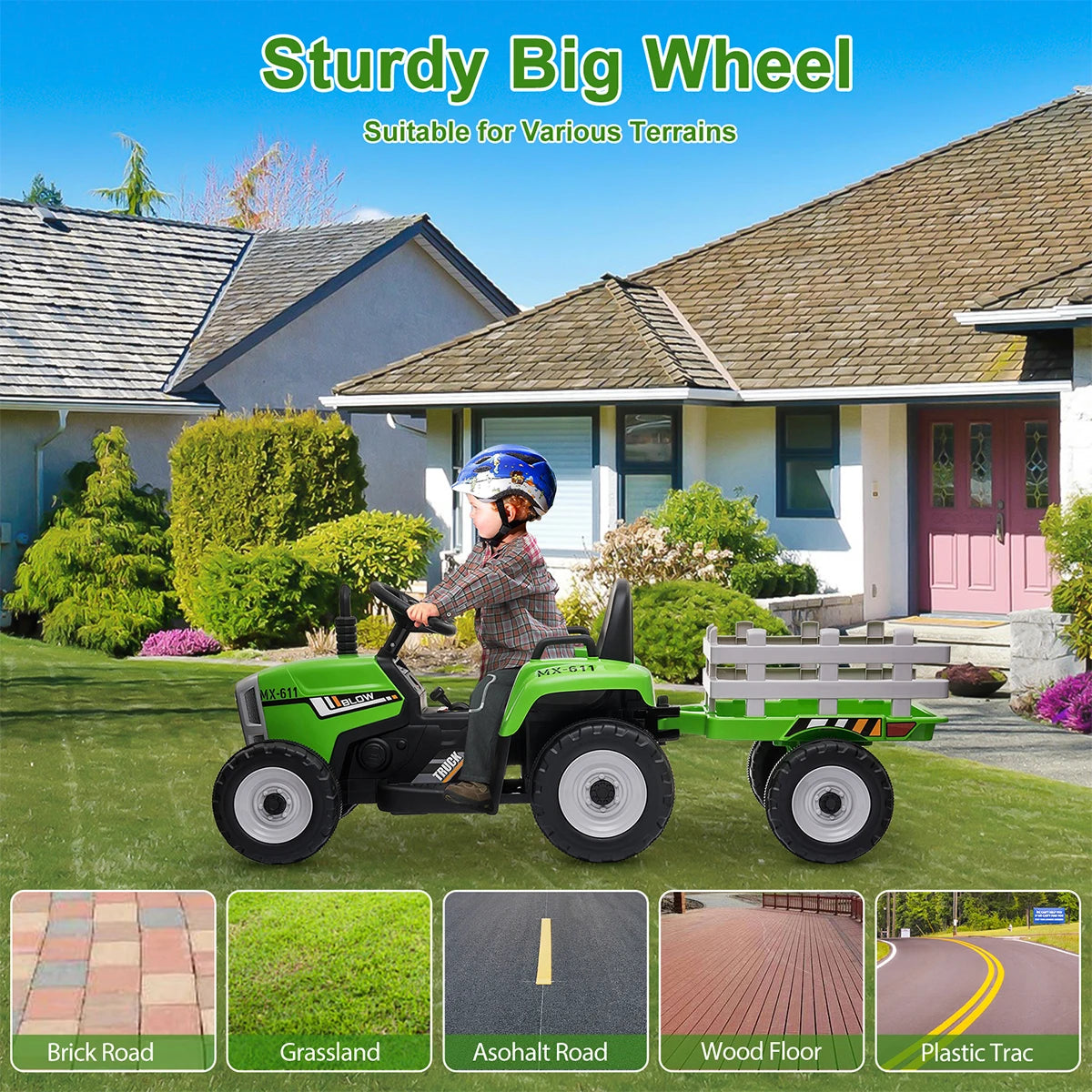 Ride on Tractor and Trailer 12V Battery Powered Electric Kids Toy Car with Remote, Lights, USB, Music Ride on Car for Children