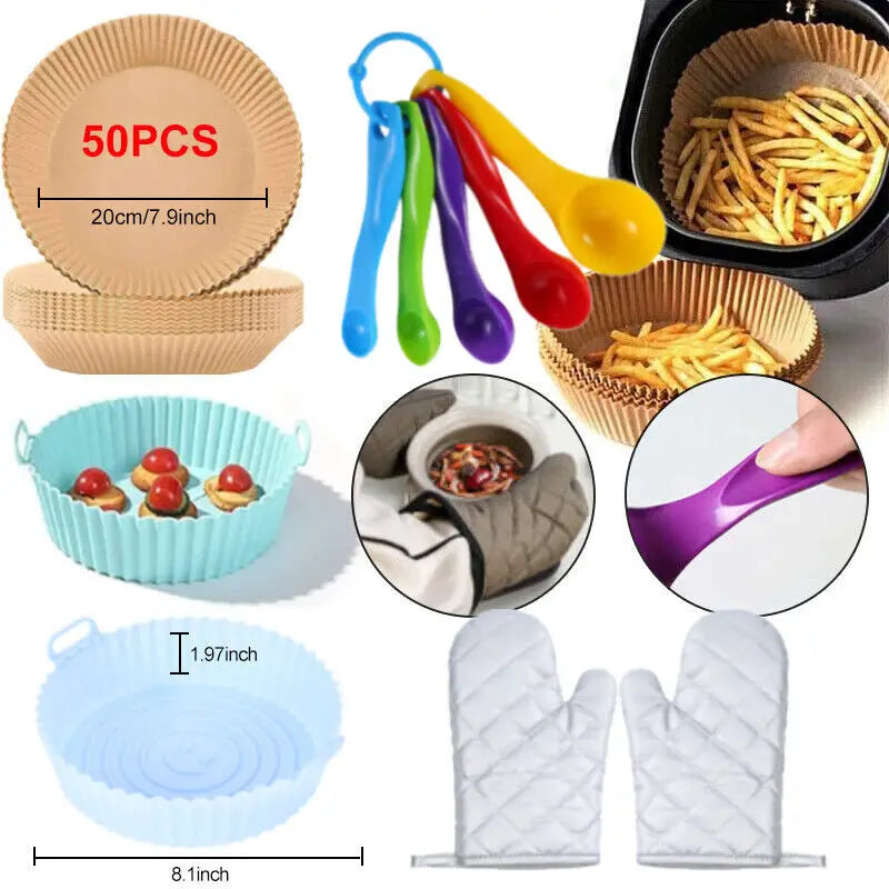 50Pcs Air fryer Liners paper round pot accessories Measuring Spoons Glove Set