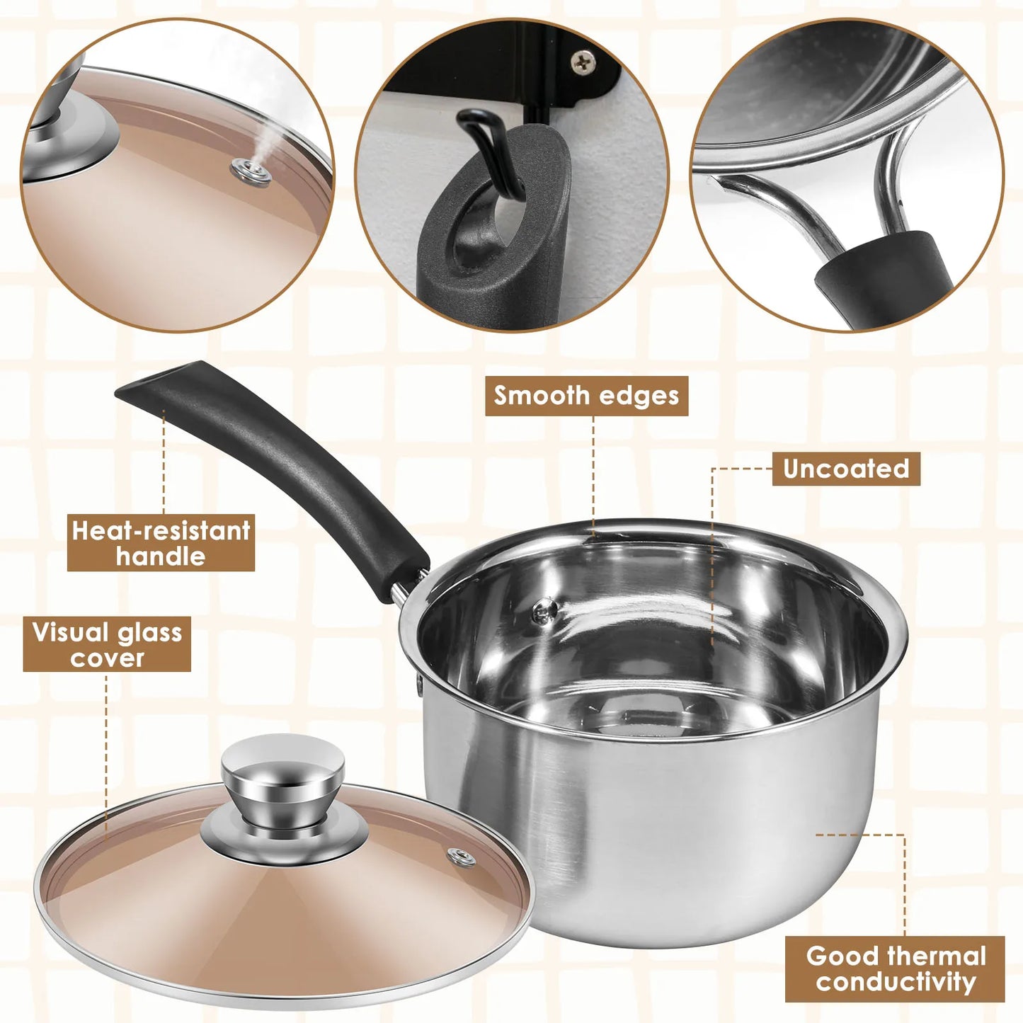 Saucepan Stainless Steel Small Sauce Pan Milk Pot with Glass Lid Heat-Resisting Handle Dishwasher Safe Sauce Pot for Cooking Boi