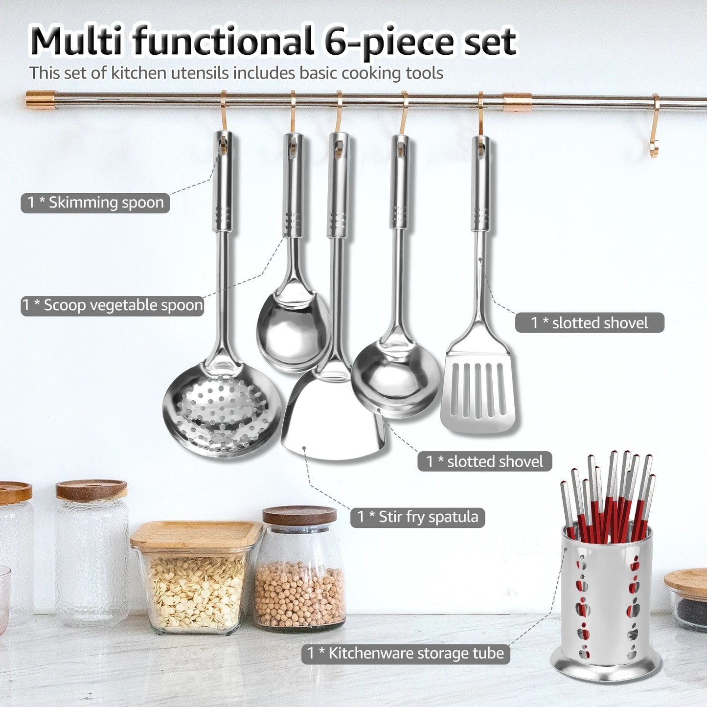 6 件套 Cooking Utensils Set Kitchen Utensils Set Portable Rust-Resistant Stainless Steel Spatula Utensils Set with Organizer for H