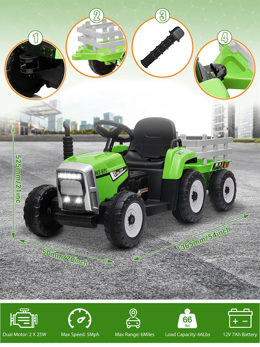 Ride on Tractor and Trailer 12V Battery Powered Electric Kids Toy Car with Remote, Lights, USB, Music Ride on Car for Children