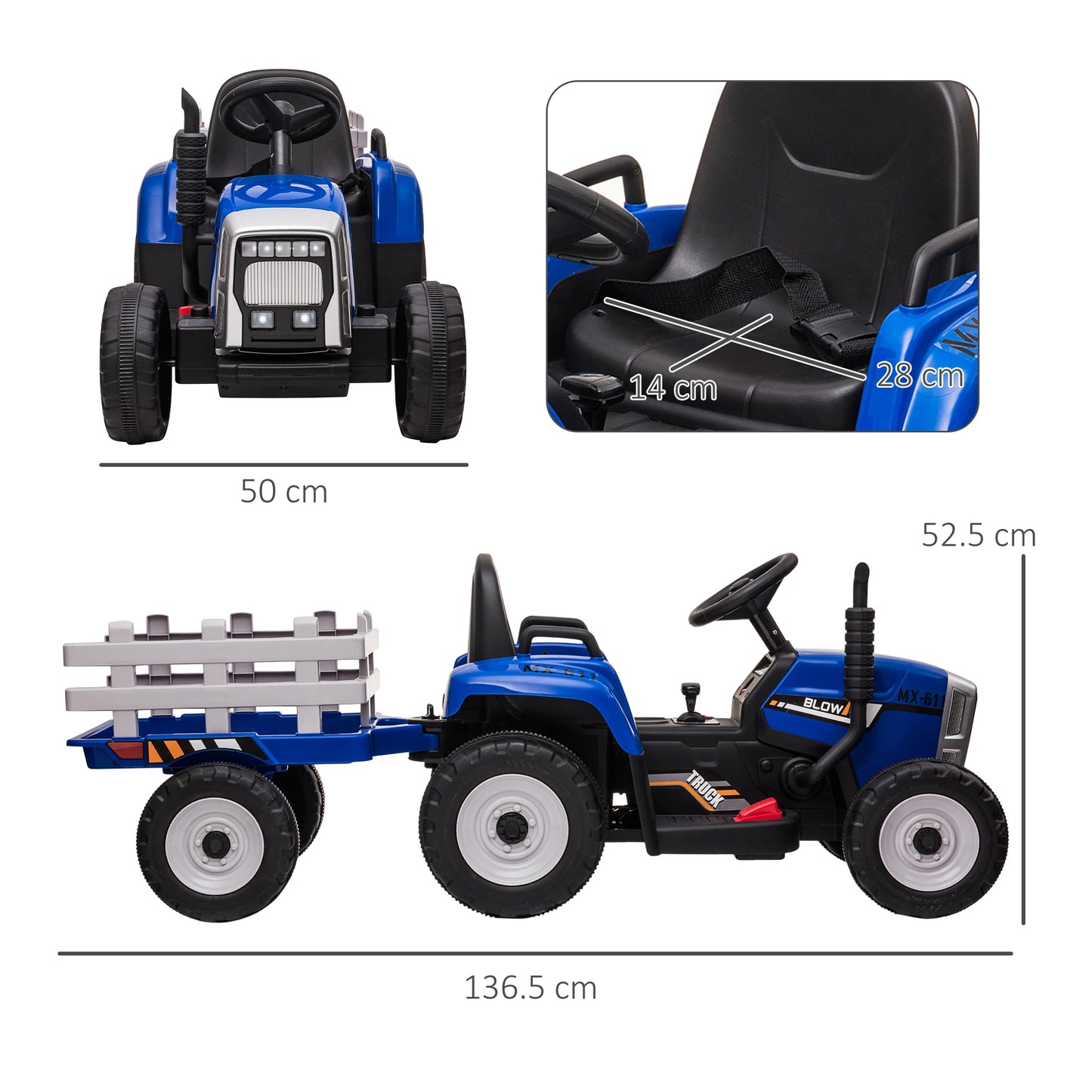 HOMCOM Ride On Tractor with Detachable Trailer, Remote Control, Music