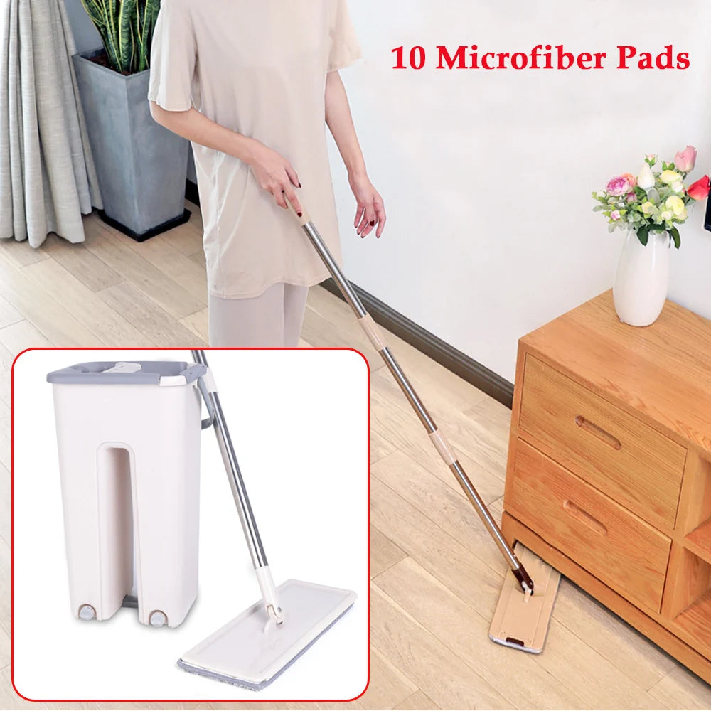 Floor Wiper Mop Set Wiper Mop Bucket Telescopic Handle Cleaning Microfiber Pad Cleaning Cloth + 10x Pads