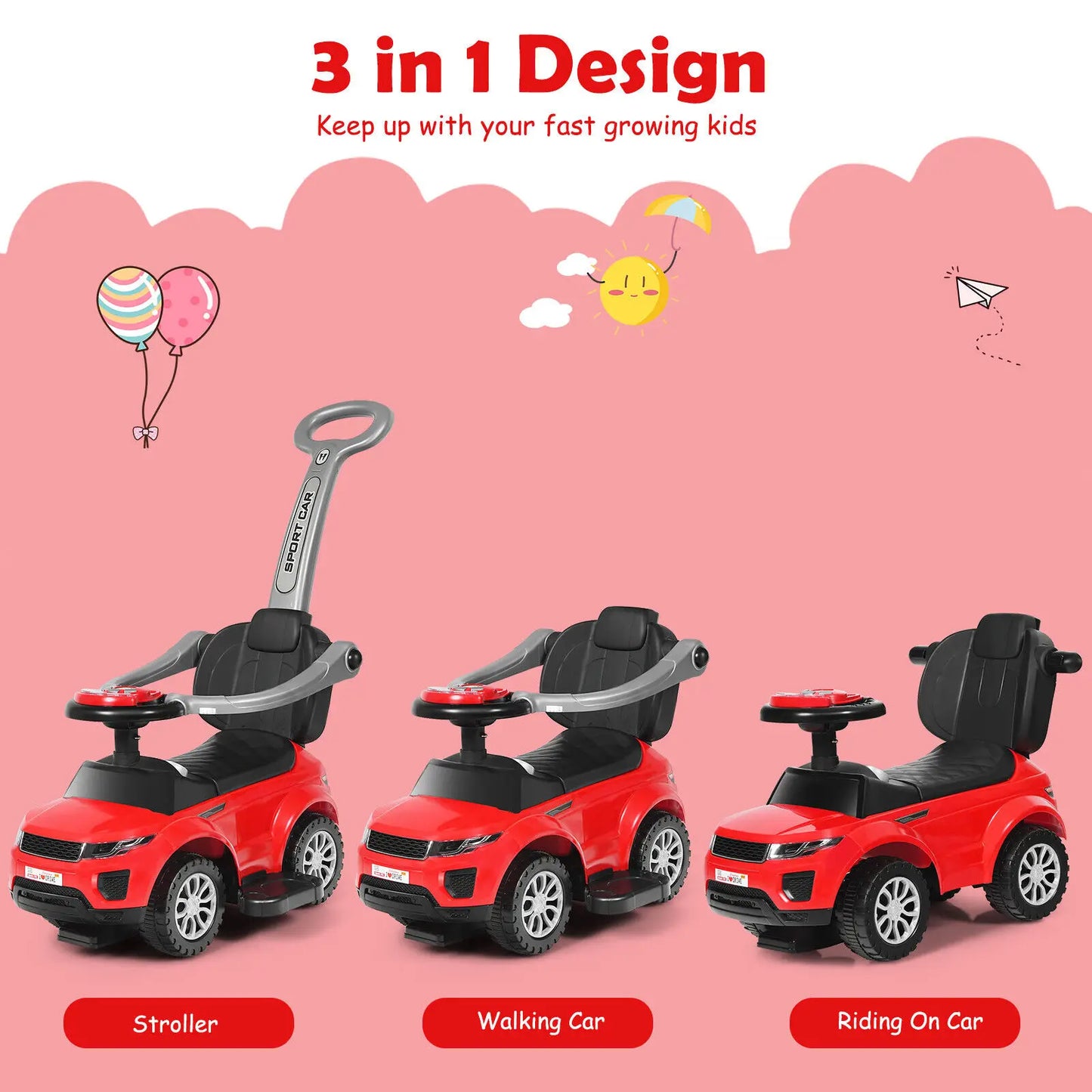 DORTALA 3 in 1 Baby Ride on Push Car Toy Kids Stroller Sliding Walking Car with Horn
