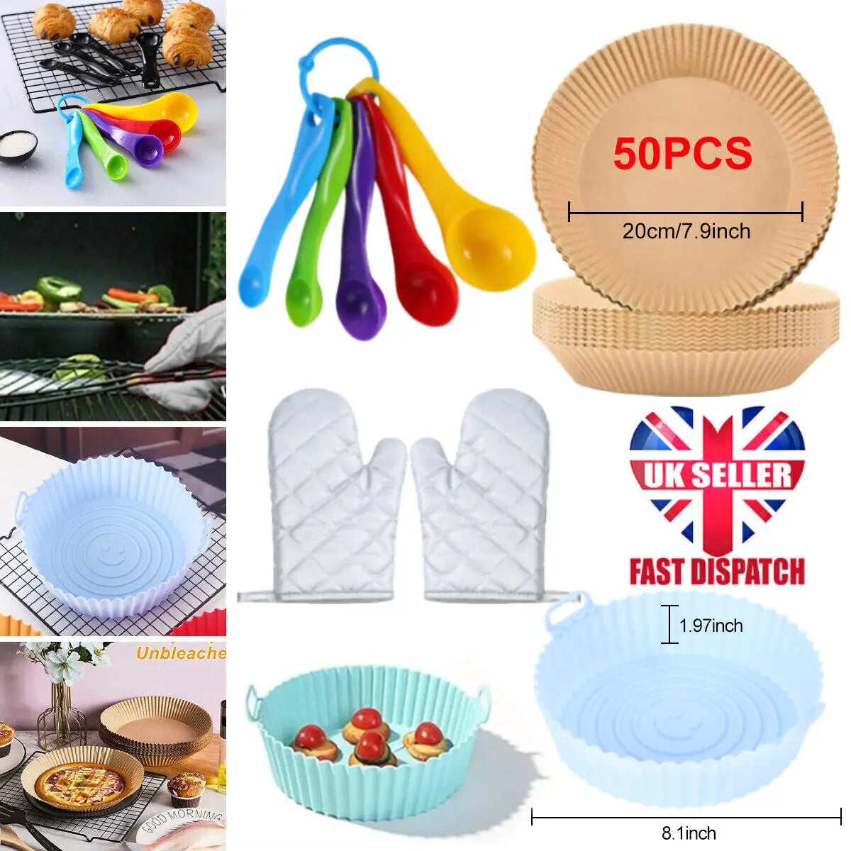 50Pcs Air fryer Liners paper round pot accessories Measuring Spoons Glove Set