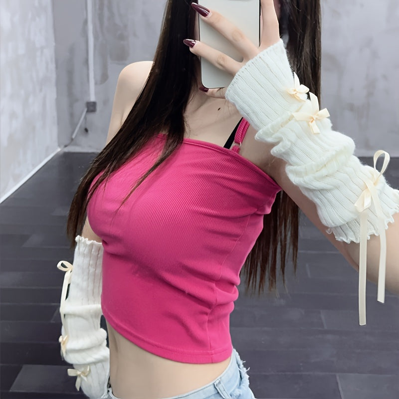 [Y2K Chic Gloves] Pink Bow Y2K Chic Fingerless Gloves - Sweet Style JK Fashion Accessories with Ruffles
