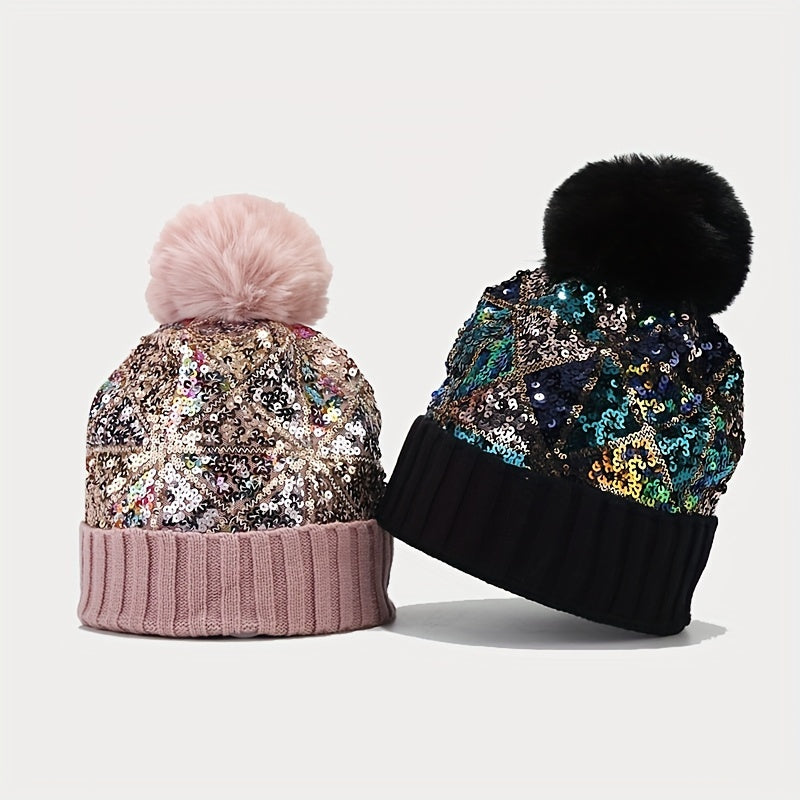 Sparkling Sequin Beanie Hat with Pom-Pom