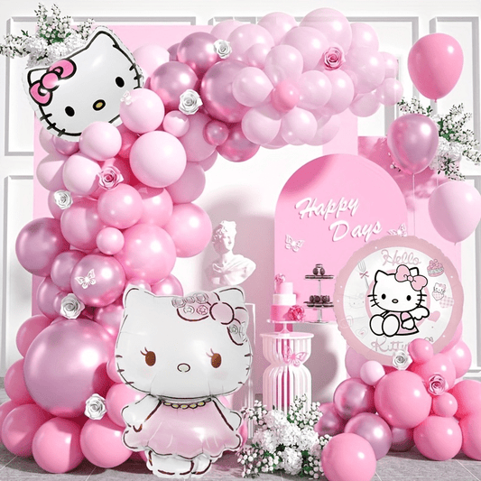 [Hello Kitty Party] Sanrio Hello Kitty 115pcs Birthday Party Decoration Kit | Delightful Cartoon Balloon Garland & Scene Setup