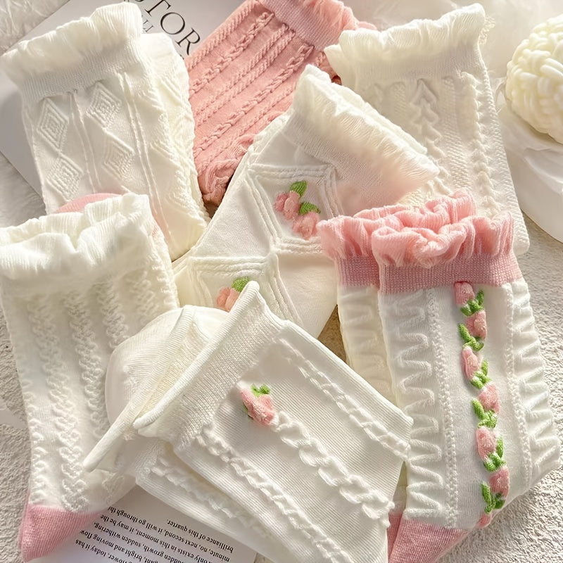 5 Pairs Kawaii Japanese Fashion Socks, Cute Flower Geometric 3D Textured Socks, Women's Stockings & Hosiery