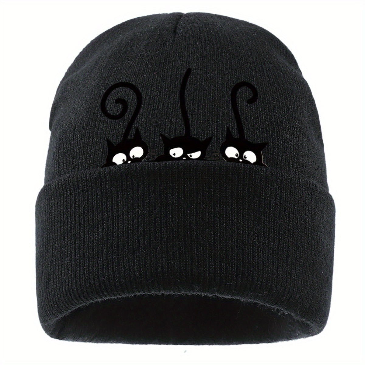 1pc Beanie Hat with Cute Black Cat Print