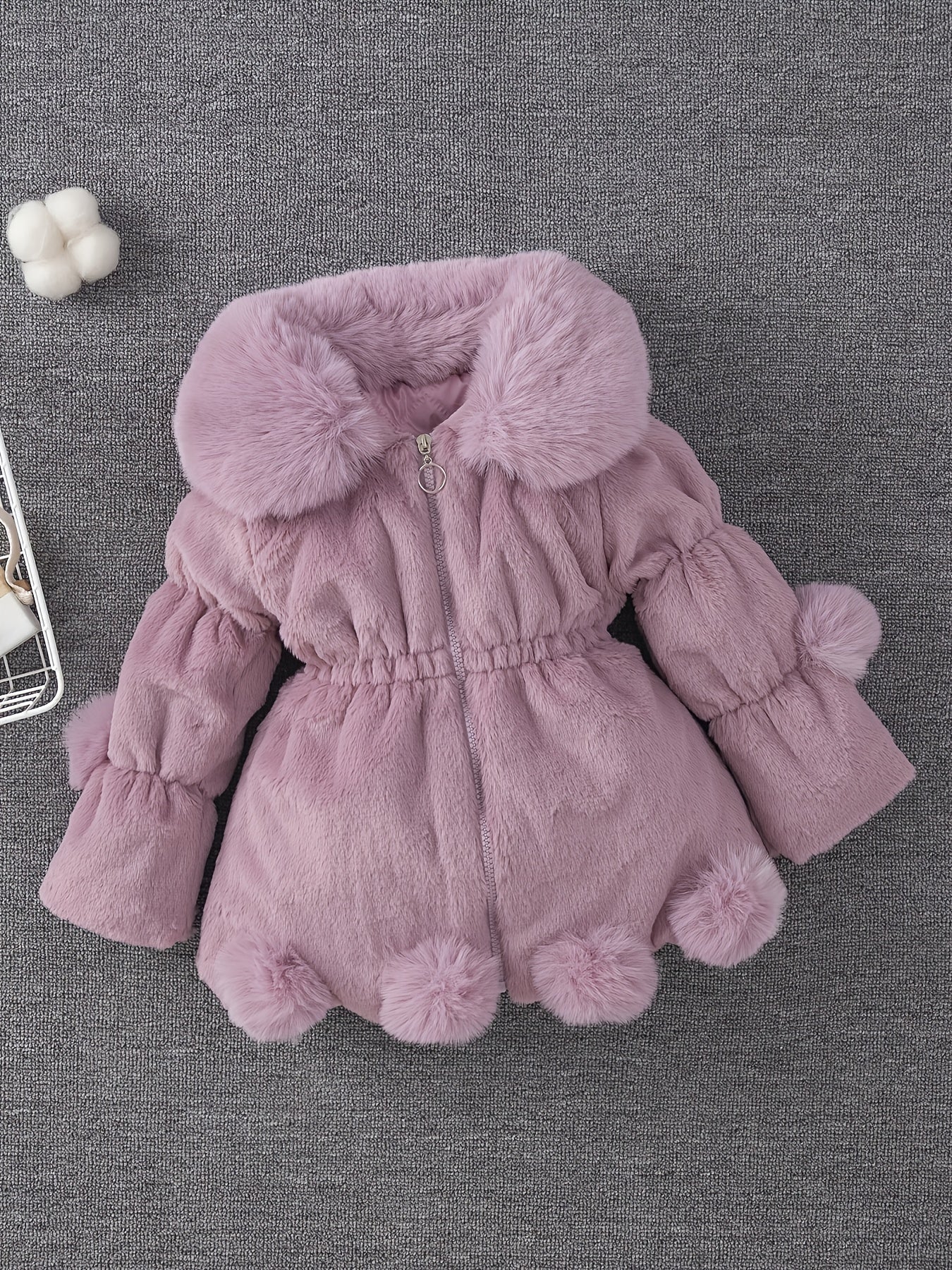 Girls' Winter Coat with Plush Fur-Lined Hood - Thick Fleece-Lined Zipper Front, Flared Hem & Pom-Pom Details, Cute Solid Color Outerwear for Fall/Winter, Cozy Warm Jacket for Cold Weather, Cozy Winter Wear, Playful Design, So
