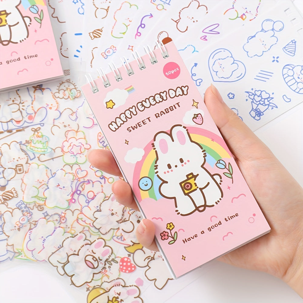 50 Sheets Cute Cartoon Rabbit Stickers Set | Waterproof PET Stickers for DIY Decorating Journaling Notebook | Scrapbooking Washi Stickers Stationery Supplies