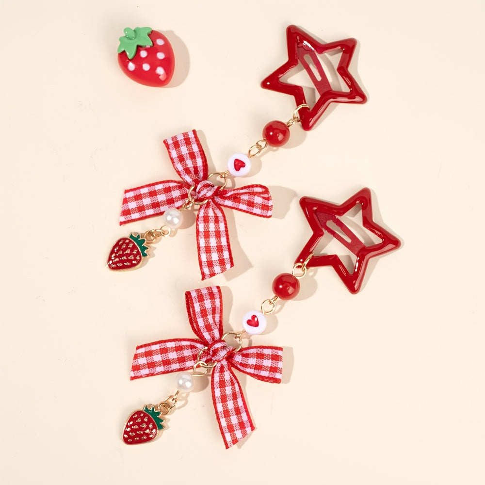 2pcs Kawaii Star Shaped Snap Hair Clips | Polyester Material, Long Tails, Tartan Bow, Cute Strawberry Decor, Fruit Themed Hair Bow Accessories for Teens, Casual Daily Wear, Novelty Hair Accessories, Playfu