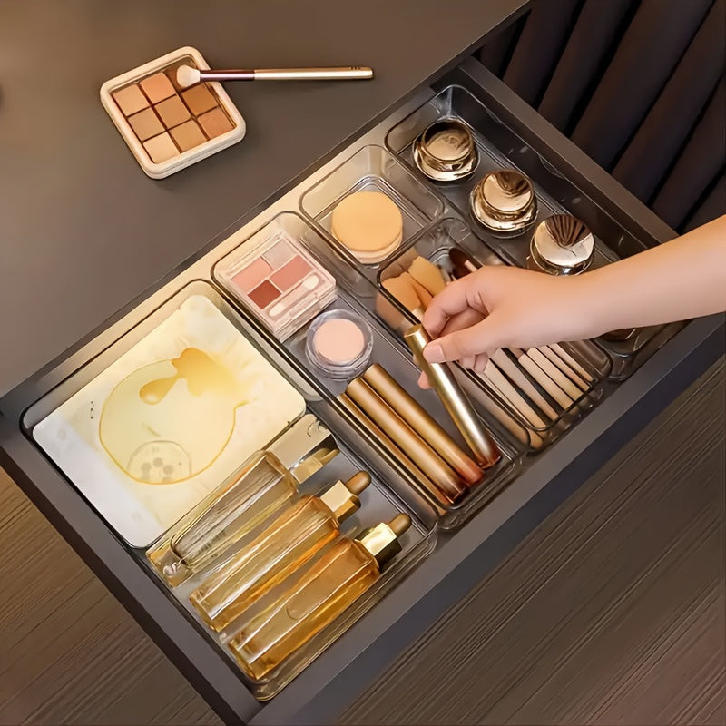 9/18/25pcs Set of Transparent Drawer Built-in Cosmetic Storage Boxes, Stationery Storage Box, Separated Vanity Tabletop Light Beige Care Product Organizing Box, Desk & Drawer Organizer for Home Storage