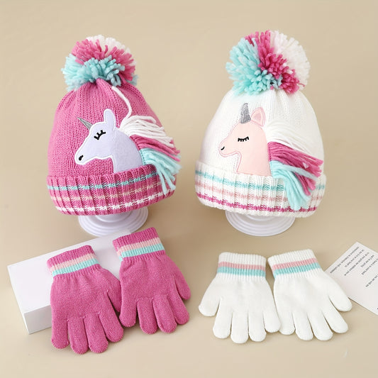 Winter Girls' Unicorn Knitted Hat and Gloves Set,