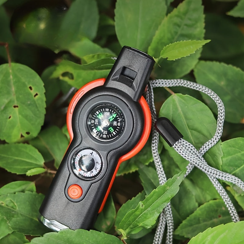 7-in-1 Survival Whistle with Compass, Magnifying Glass, Thermometer, and Emergency Functionality – Durable ABS Material, Black & Orange Design, Perfect for Outdoor Adventures