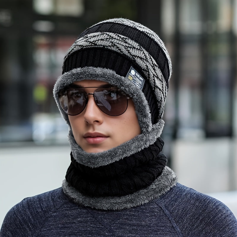 1 Piece Black Men's Winter Thick Warm Polyester Fiber Knitted Hat with Scarf