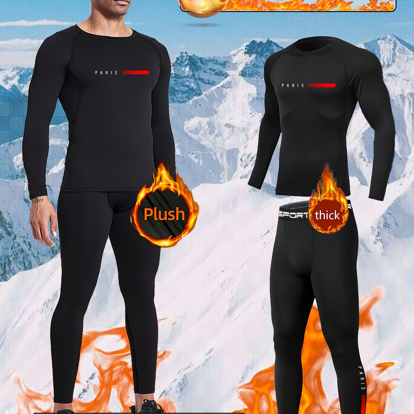 2pcs PARIS Logo Thermal Set, Mountain Climbing Fleece Base layer - Plush Thick & Soft, Heavy Plush Fleece. Thermal Wear.