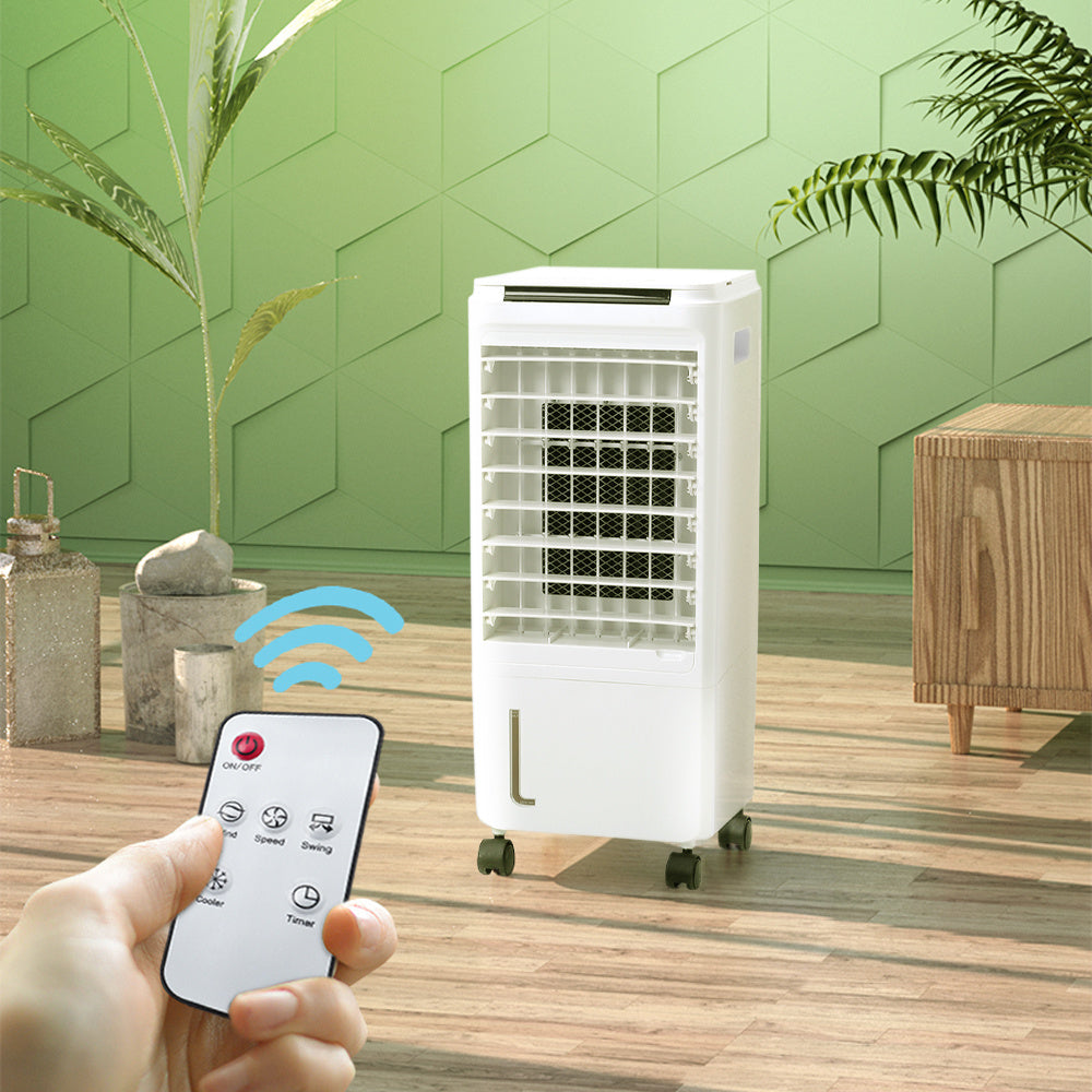 Evaporative Air Cooler, Room Cooler with 2 Ice Trays, 4 In 1 Air Cooler Cool Fan Humidifier Air Purifier, Evaporative Cooler for Home Office, Cooler Fan with Wheel, 7L Water Tank