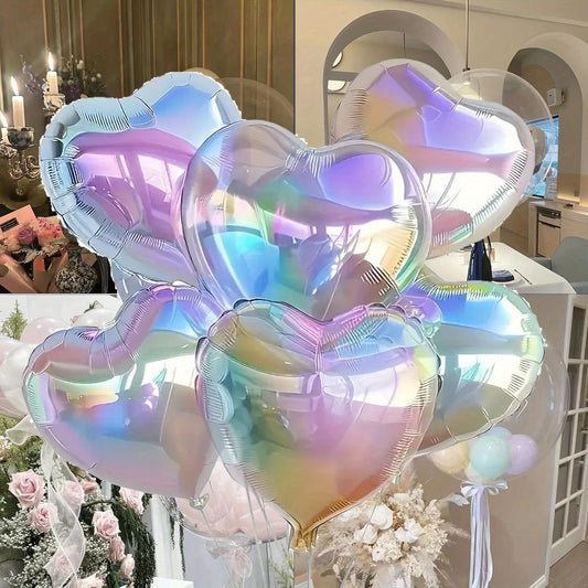 [Iridescent Heart Balloons] 5pcs 18-Inch Iridescent Heart-Shaped Aluminum Foil Balloons | Transparent, Multi-Color for Love Theme Decor, Weddings, Valentine's Day, Birthdays & Anniversaries Party Decorations, Celebration Ball