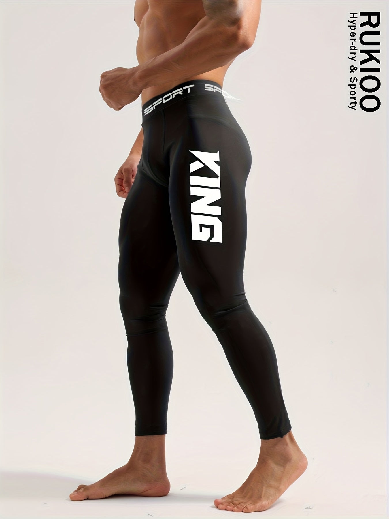 3pcs Men'S Thermal Leggings - Black with KING Print, Plush Lined, High Elasticity, 24H Warmth Retention, Ideal for Winter.