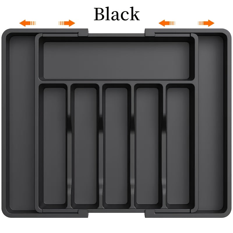 1pc Expandable Kitchen Drawer Organizer for Silverware, Adjustable Plastic Utensil Holder for Spoons, Forks, Knives - Large Capacity Storage Box, Kitchen Drawer Organizer|Sleek Black Finish|Durable Plastic Construction, Utens