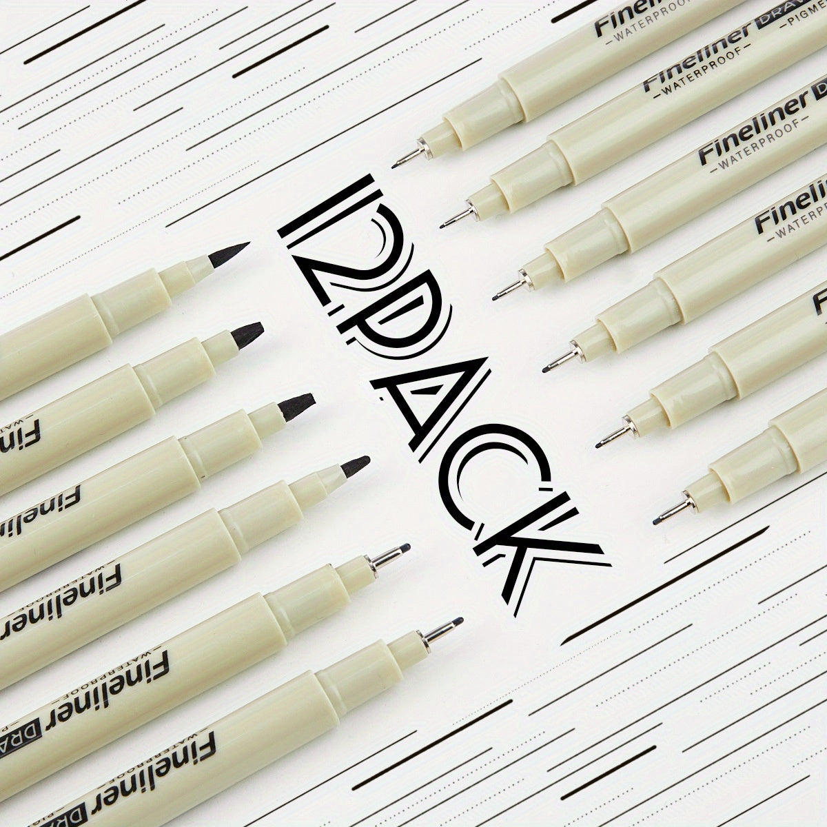 12pcs Fine Liner Waterproof Ink Pens Set - Black, Various Tip Sizes for Detailed Sketching, Journaling, Contouring & Cartoon Animation, Smooth Flowers & Precision Artwork