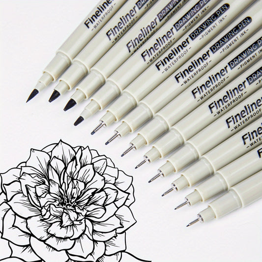 12pcs Fine Liner Waterproof Ink Pens Set - Black, Various Tip Sizes for Detailed Sketching, Journaling, Contouring & Cartoon Animation, Smooth Flowers & Precision Artwork