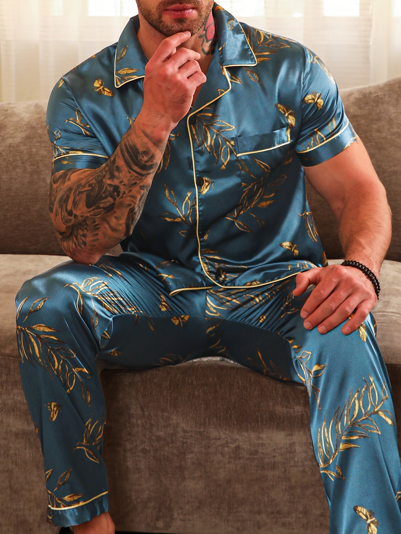 Casual Pajama Set 2pcs Men's Casual Plant Pattern Pajama Set  Short Sleeve.