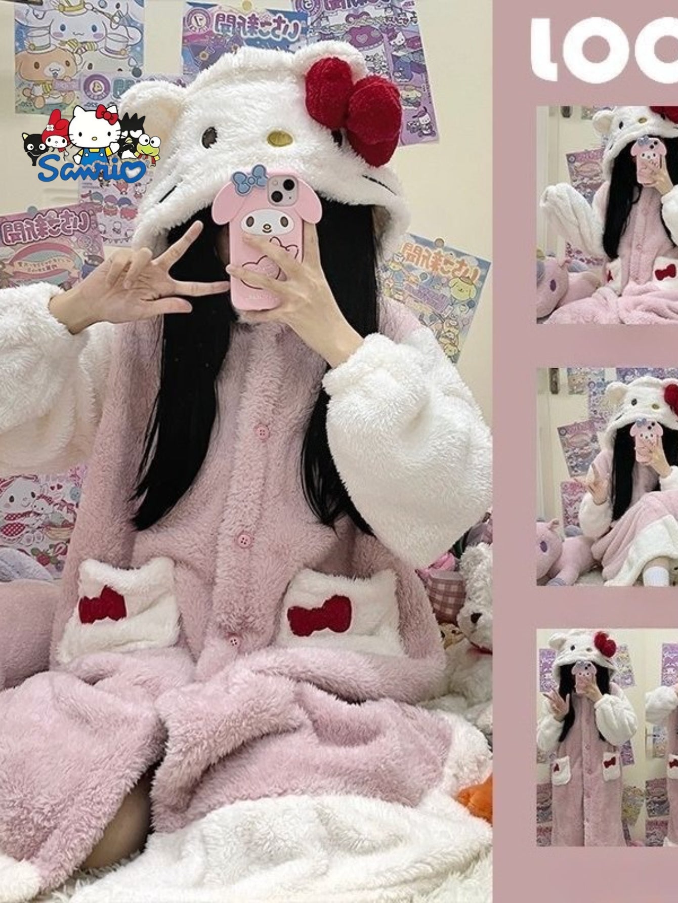 Mother's Day Gift Sanrio New Hello Kitty Women's Autumn Winter Warm Pink Coral Fleece Home Robe.
