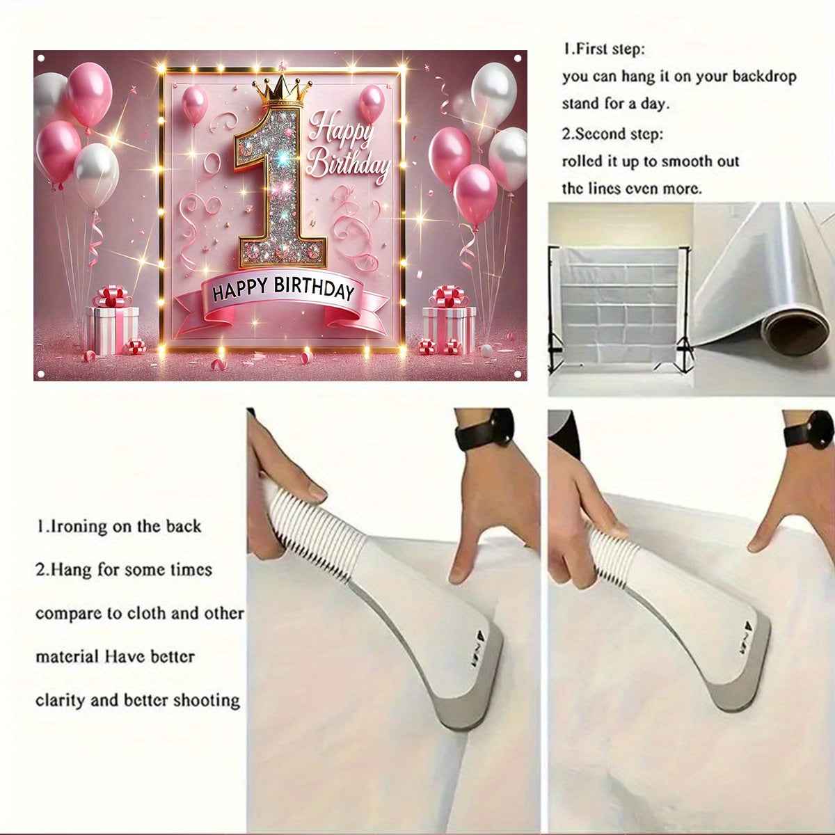1pc Sparkling Pink Golden First Birthday Banner - Durable Polyester Happy Birthday Party Decor with Glittering Number 1, Crown & Balloons for Indoor/Outdoor Celebrations, Baptism, Cake Table, Holiday Decorations, Birthday Par