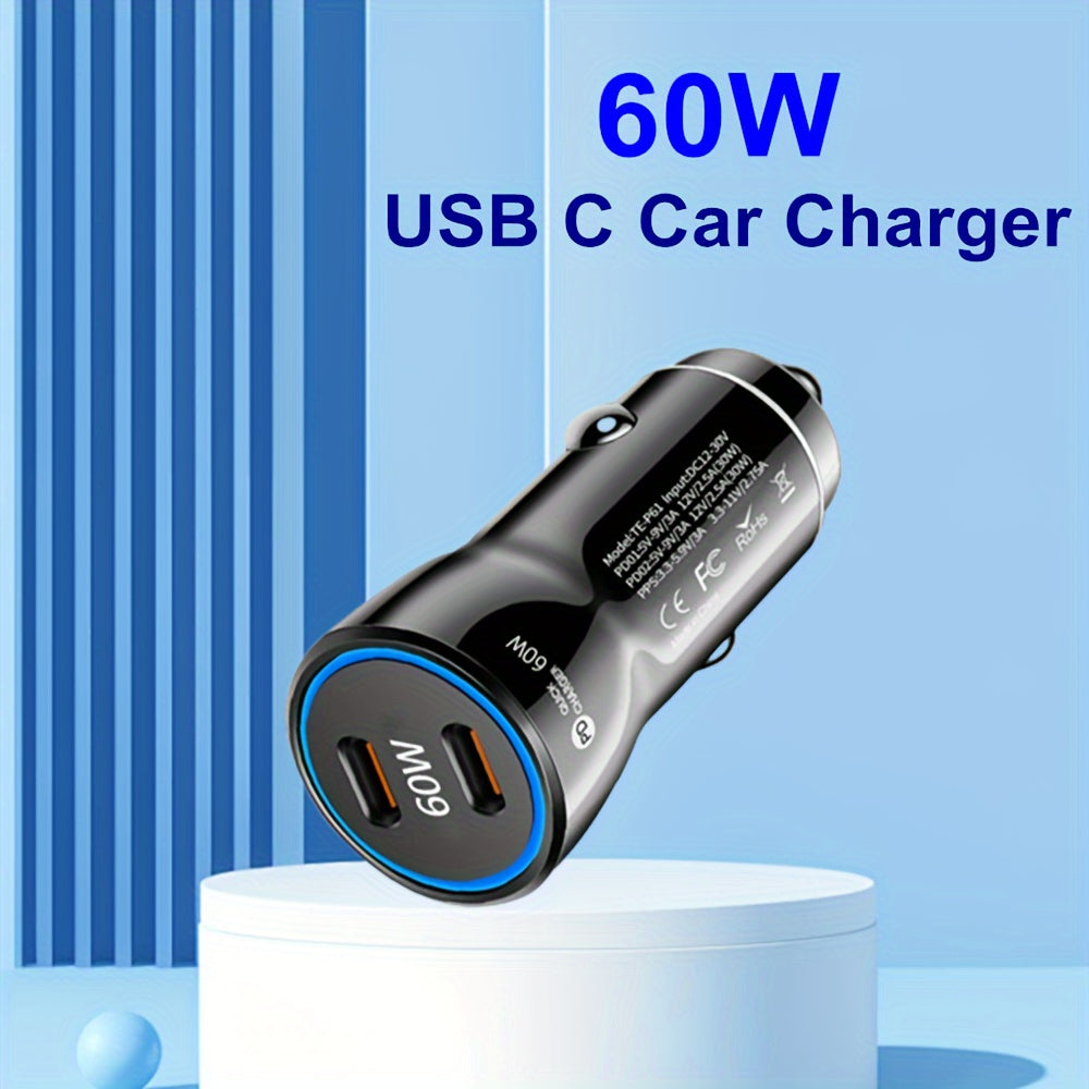 60W USB C Car Charger, USB-C Adapter Fast Charging Dual Port PD3.0 Type C Power Plug Compatible with iPhone16 15 14 13 12 11 Pro Max XR Samsung S23/22/21 Google Pixel 7 (Black/White)