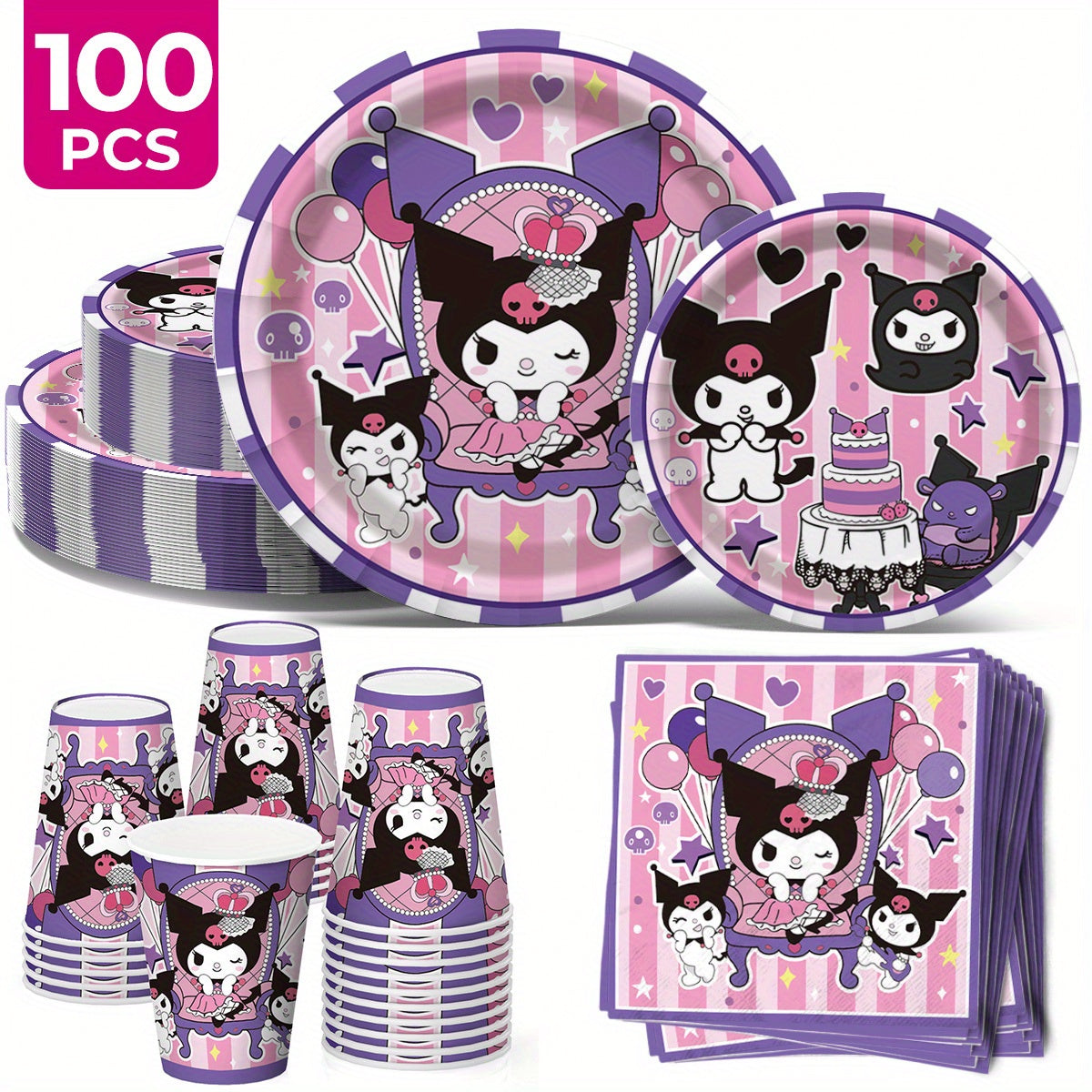 100pcs Kuromi Disposables Cutlery Sets Includes 20 Dinner Plates 20 Dessert Plates 20 Cups & 40 Paper Napkins, Disposable Party Dinnerware Set for Camping, Picnics, Yard BBQ, Party Supplies Set for Wedding Birthday Party