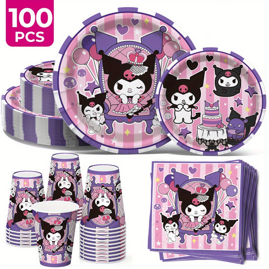 100pcs Kuromi Disposables Cutlery Sets Includes 20 Dinner Plates 20 Dessert Plates 20 Cups & 40 Paper Napkins, Disposable Party Dinnerware Set for Camping, Picnics, Yard BBQ, Party Supplies Set for Wedding Birthday Party