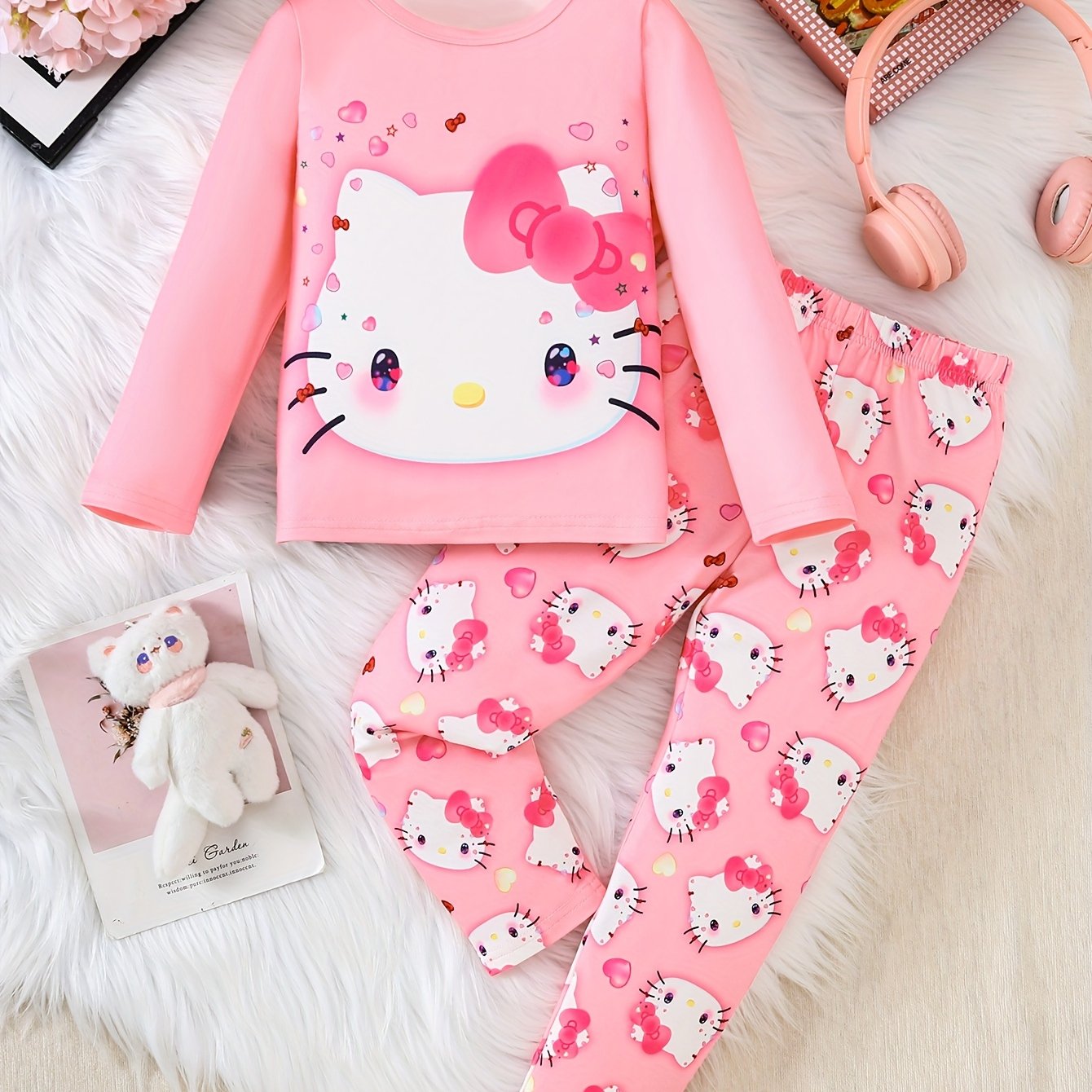 Sanrio for hello kitty Girls' Pajama Set - Cute Cartoon Print Long Sleeve Top & Full Print Slim Fit Pants, Soft Stretchy Fabric, Round Neck, Spring/Fall Gift for Kids, for Hello Kitty Pajamas, Kids Sleepwear, Playful Kids Att