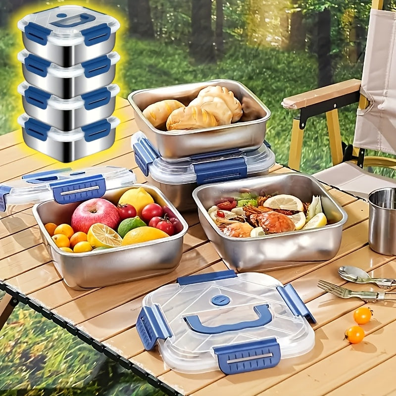 1/2/4pcs Stainless Steel Leakproof Food Storage Container with Blue Lid - Microwave Safe, Reusable, Ideal for Refrigerator & Bento Boxes, Kitchen Essentials, Universal Fit for Outdoor Cooking & Meal Prep