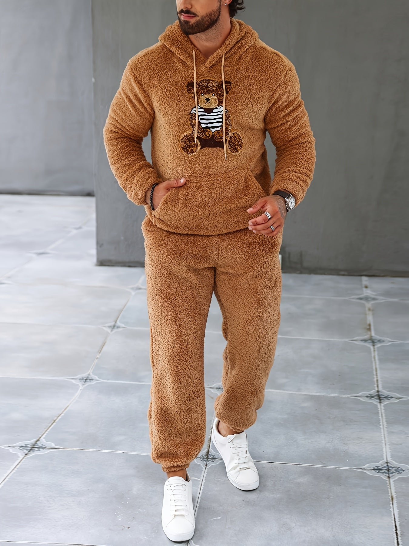 2Pcs Men's Fuzzy Fleece Casual Hoodies Long Sleeve Hooded Sweatshirt And Sweatpants Joggers Set For Winter Fall