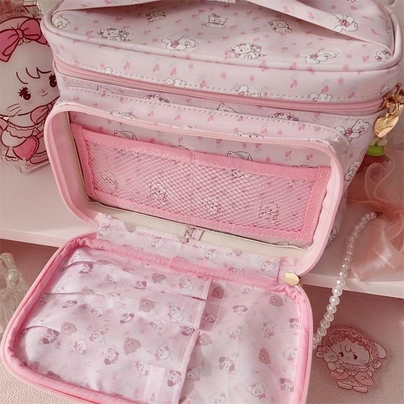 Cute Pink Synthetic Leather Makeup Bag - Large Capacity, Adorable Bear & Heart Design, 1pc | Perfect for Women's Cosmetics Storage